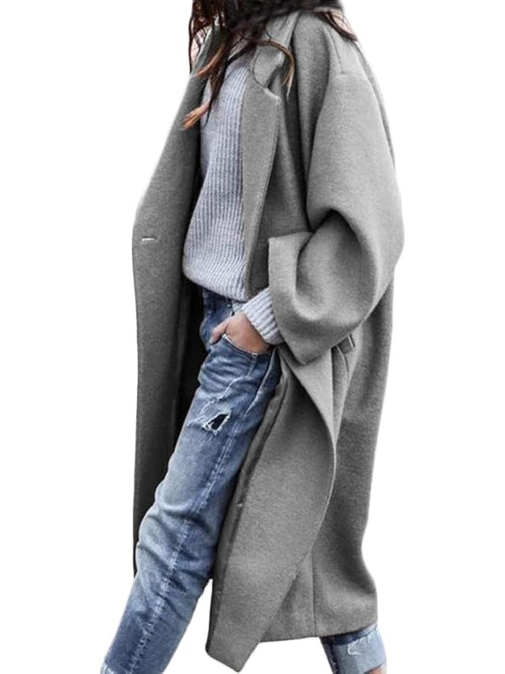Women's Grey Notched Collar Wool Blend Single Breast Midi Long Trench Coat